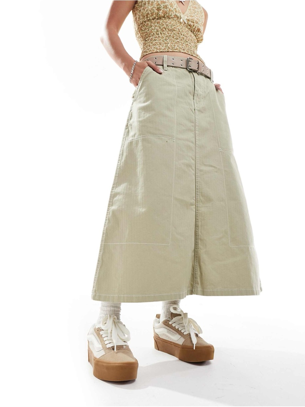 Vans Codey long flared utlity skirt in light tan 27